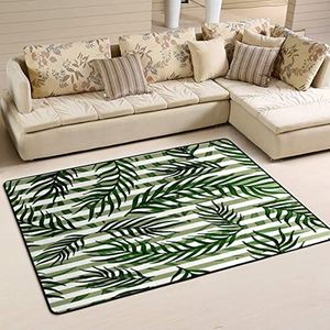 Vloerkleed 100 x 150 cm, regenwoudbladeren groen wit gestreept patroon kantoormatten print gebied tapijten voor slaapkamer pluche vloerkleed, voor binnen en buiten, slaapkamer