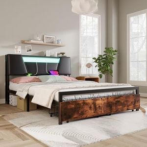Moimhear Vlak bed, ijzeren frame, bed met sfeerlicht van kleur veranderbaar, afstandsbediening met 24 toetsen, uitgerust met USB-aansluiting, zwart + bruin (140 x 200 cm)