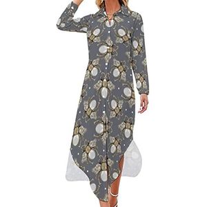 Longhorned Kever Sieraden Maxi-jurk voor dames, lange mouwen, knoopsluiting, casual feestjurk, lange jurken, 5XL