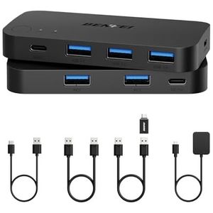 USB 3.0 Switch, USB Switcher 2 computers delen 3 * USB 3.0 en 1 * USB C met afstandsbediening voor pc muis toetsenbord printer scanner, USB KVM Switch Selector compatibel met Windows, Mac, Linux