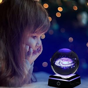 3D kristallen bol, 80 mm melkweg planeten model kristallen bol met touch schakelaar kleurrijke lampvoet, kristallen bol nachtlampje decoratief ornament cadeau (A)