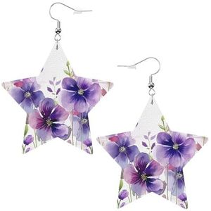 Lederen Oorbellen voor Vrouwen Mode Ster Oorbel Aquarel paarse bloemen Ster Drop Dangle Oorbellen Sieraden Set Kerstcadeaus Valentijnsdag Verjaardag, Eén maat, Geen edelsteen