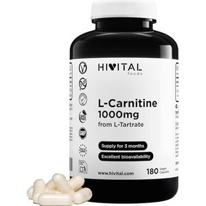 L-Carnitine pure 1000 mg. 180 veganistische capsules voor 3 maanden behandeling. Verkregen door bacteriële fermentatie (100% Veganistisch). Gefabriceerd in Europa door HIVITAL