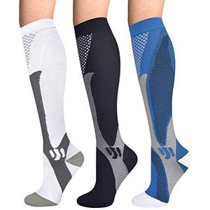 Ikfashoni 3 paar compressiekousen voor dames en heren, steunkousen, 15-25 mmHg, sport, compressiesokken, hoog comfort, trombosekousen voor sport, joggen, vluchten, reizen, wielrennen, L/XL., S/M