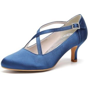 KYEGLO Ronde Neus, Lage Hak, Sexy Geklede Schoenen, Dames Satijnen Sandalen Met Gesloten Neus En Bandjes Voor Dames, Perfect Voor Bruiloften,Dark blue,37