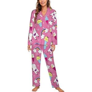 Eenhoorn Ice Cream Rainbow Vrouwen Lange Mouw Button Down Nachtkleding Zachte Nachtkleding Lounge Pyjama Set 2XL