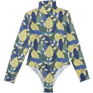 LI ZHI XIN Rompertjes met lange mouwen voor dames, eendelige jumpsuit met hoge hals, coltrui, turnpakje, top voor meisjes, dans, workout, fitness, bodysuit met tropische planten, kleurrijke bladeren