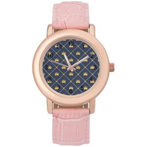 Marineblauw Patroon Gele Kroon Horloges Voor Vrouwen Mode Sport Horloge Vrouwen Lederen Horloge