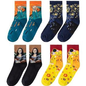 NyxSeat 4 paar olieverfschilderijsokken, retro sokken voor dames, synthetische kuitmidden, Mona Lisa, cadeaus voor vrouwen, meerkleurig, 10-19, meerkleurig, 10-19, Meerkleurig, 10-19