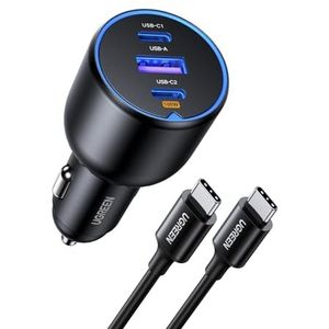 UGREEN sigarettenaansteker USB C 130W USB C autolader 3-poorts autolader USB C met USB C-kabel Compatibel met MacBook Pro, iPhone 16/16 Pro/16 Pro Max/15/15 Pro/14/13/12, iPad Pro, Galaxy S24, enz.