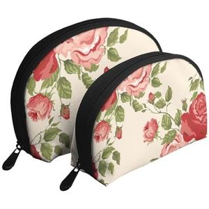 Make-uptas, cosmetische reistas, 2 stuks, draagbare clutch pouch-set, organizer met retro bloemenprint, zoals afgebeeld, Eén maat