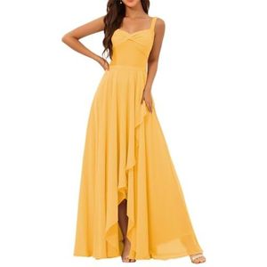 Chiffon bruidsmeisjesjurken voor dames, met split, lange baljurken, cocktailjurken, grote maten, Mosterd Geel, 32