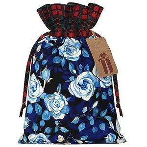 Blauwe bloemen patroon rozen herbruikbare geschenktas-trekkoord kerstcadeau tas, perfect voor feestelijke seizoenen, kunst & ambachtelijke tas
