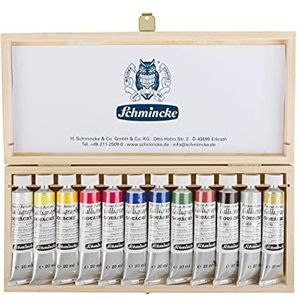 Schmincke - Kalligrafie plakkaatverf, 12 x 20 ml tubes, 72 028 097, 12 mooiste kalligrafie tinten in houten doosje, briljant, inclusief goudparel en zilver, kalligrafie technieken