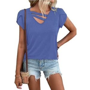 Tdvcpmkk Dames zomer V-hals riem kant korte mouw casual los T-shirt, Blauw, M