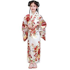 XueXian Kid Meisjes Pauw Bloem Print Kimono Jurken Japanse Geisha Yukata Gewaad Kinderen Party Halloween Cosplay Fancy Dress, Witte bloem 2, 140