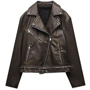 A&M Express Dames vintage bruine losse reverskraag imitatieleer jas - rits lange mouwen streetwear Moto biker jas, Bruin, XS