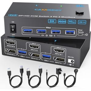 4K@144Hz HDMI Displayport KVM switch 2 monitoren 2 computers, USB 3.0 Dual Monitor KVM-switch voor 2 pc's 2 monitoren en 4 USB 3.0 poorten.Met USB kabels,12V2A adapter en bekabelde afstandsbediening