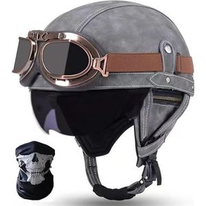 Duitse leren motorhelmen, halve schaalhelm met DOT/ECE, retro jethelm, scooterhelm, chopperhelm, fietshelm, met zonneklep en snelsluitingen open helm A,M=57-58CM
