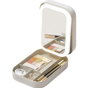 Integrated Makeup Storage Box with Light-Filling Mirror, Makeup Case with Lighted Mirror, Touch Control, Zipper Design, Makeup Organizer Box Travel Cosmetic Case (Beige)