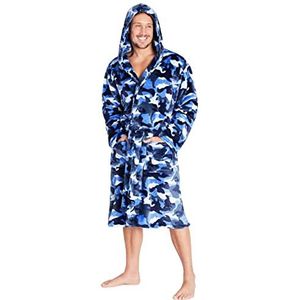 CityComfort Badjas voor heren, wollig, camouflage, fleece, ochtendjas voor heren, camouflagekleuren, huisjas, dressing gown, Blauwe camouflage., L