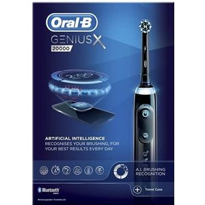 Oral-B Genius X met kunstmatige intelligentie zwarte elektrische tandenborstel, 1 Sensi ultradunne tandenborstelkop, 6 reinigingsmodi, tandvleesdruksensor, slimme USB-reiskoffer, 2 UK Pin Plug