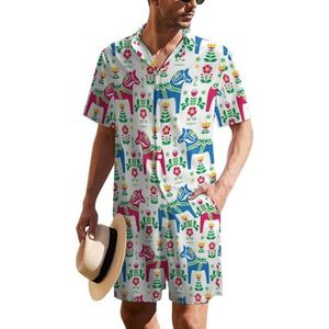 Zweedse volkskunst Daleclarian Horse Hawaiiaanse pak voor heren, set van 2 stuks, strandoutfit, shirt en korte broek, bijpassende set