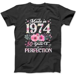 OrcoW Gemaakt in 1974 Bloemen 50 Jaar Oud 50e Verjaardag voor Vrouwen T-Shirt 100% Katoen Grafische T-shirts voor Mannen Vrouwen Zwart, Zwart, L Grote Maten