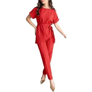 Dames Zomer 2-delig Pakoutfits Ronde Hals Korte Mouwen Blazertop Met Riem En Slim Fit Lange Broekset (Color : Red, Size : S)