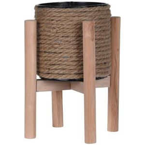 PROGARDEN Bloempot met standaard, 14,5 x 23 cm, metaal, jute hout, 1 stuk, plantenpot om te planten, plantenbak, voor buiten en binnen, decoratieve tuin, bruin