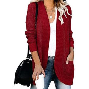 Vrouwen Open Front Vest,Dames Gebreide Vesten Mode Effen Kleur Bordeaux Rood Gebogen Sluiting Open Voorkant Truien Vest Herfst Winter Klassiek Basic Lange Mouw Gebreide Bovenkleding Jas,M