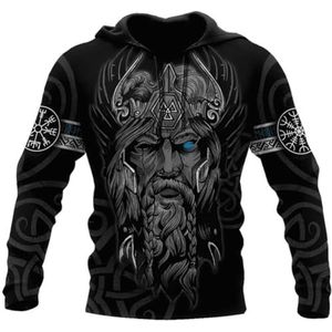 Odin God Totem Ritsjas, Unisex Nordic 3D Tattoo Print Casual Harajuku Ademende Korte Mouwen, Viking Fall Hoodie met Trekkoord en Lange Mouwen(Color:Hoodie,Size:XXL)