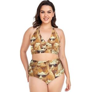 Cartoon Woestijn Dier Geel Vrouwen Bikini Sets Plus Size Badpak Twee Stukken Hoge Taille Strandkleding Meisjes Badpakken, Pop Fashon, XL