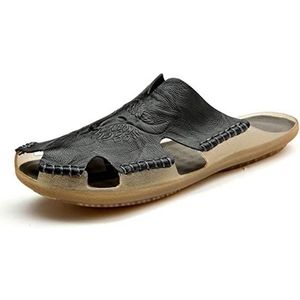 Dames Zomer Slippers Zomer heren sandalen lederen ademend schoenen Romeinse sandalen flats man slippers Romeinse stijl strand sandalen hot koop Sloffen (Color : Noir, Size : 12)