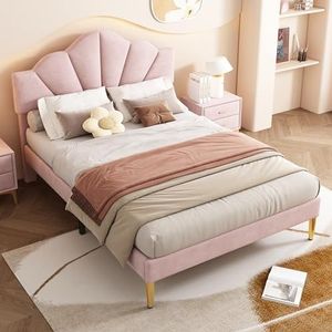 VSOGA Fluweel, gestoffeerd bed, 140 x 200 cm, tweepersoonsbed, schelpachtig bed met gouden ijzeren poten, in hoogte verstelbaar hoofdeinde, houten lattenbodem, roze