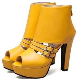 FgdeupY 12CM Dames Riemgesp Hoge Taille Sandalen Met Dikke Zolen Casual Open Teen Achterkant Rits Hoge Hakken,Geel,38 EU