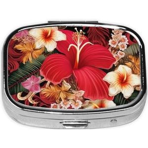 Tropisch bloemenpatroon print pillendoos vierkant metalen pillendoosje met 2 compartimenten draagbare mini-pillenorganisator, schattige pillencontainer voor zaktas, kantoor, reizen