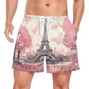 Wzzzsun Pink Love Paris Eiffeltoren zwembroek voor heren, boardshorts, sneldrogende kofferbak met zakken, Leuke mode, XL