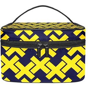 Geel Paars Zeepaardjes Zeester Patroon Make-up Tas voor Vrouwen Meisjes Cosmetische Tassen met Handvat Reizen Make-up Organizer Tas, Zwart Geel Geometrisch, 8.9x5.9x5.4 Inches, Make-up zakje