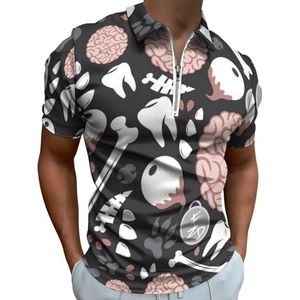 Bot Tanden Oogvoetafdruk Hersenen Print Half Zip-up Polo Shirts Voor Mannen Slim Fit Korte Mouw T-shirt Sneldrogende Golf Tops Tees 4XL