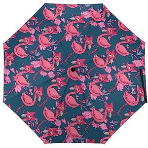 Leuke Roze Flamingo Patroon Compacte Automatische Reizen Paraplu Winddicht Opvouwbare Paraplu Grote Regen Paraplu Automatische