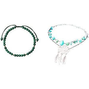 Pauw Turquoise Opengewerkte Dream Catcher Feather Enkelbandje en groen Malachiet Gevlochten Verstelbare Armband, Sieraden Gift voor Meisje Vrouwen
