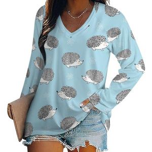 Leuke Aquarel Egels Blauw Fantasie Vrouwen Casual Lange Mouw T-shirts V-hals Gedrukt Grafische Blouses Tee Tops XL