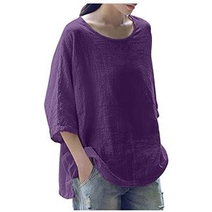 Linnen Tops voor Vrouwen Plus Size Blouse Zomer Lange/Korte Mouw T-shirts Dames Effen Kleur Oversized Casual Tuniek S-5XL KaloryWee, A-paars, 5XL