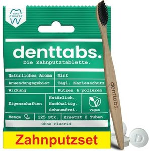 Denttabs Tandenborstelset - tandborsteltabletten mint zonder fluoride 125 stuks set + bamboe borstel ultrasoft