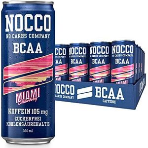 NOCCO BCAA energy drink 24-pack – suikervrij, veganistisch energiedrank met cafeïne, vitaminen en aminozuren – Caribbean ananas, 24 x 330 ml incl. statief, Miami)