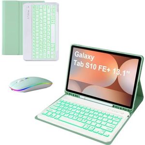 Toetsenbordhoes Voor Samsung Galaxy Tab S10 FE Plus 13,1 Inch 2025 Model (SM-X620/X626), 7-Kleuren Achtergrondverlichting, Afneembaar Toetsenbord, Tabletmuis,Groen