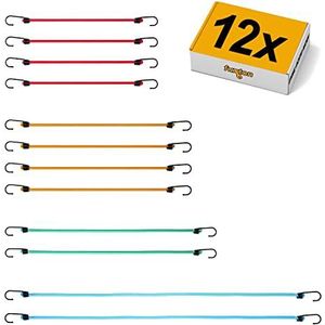fuxton Set van 12 fietsspanbanden met haken, 4 lengtes en kleuren (fietsrubber, rubberen touw) voor fiets, fietsmand, fietsendrager, bagagedrager
