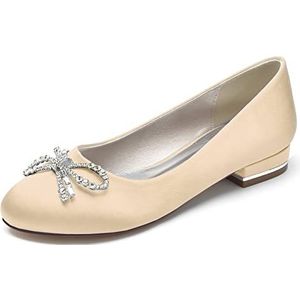 Satijnen Bruidsschoenen Dames Platte Ronde Neus Ballet Flats Slip on Trouwjurk Sandalen Met Strass,Champagne,36 EU