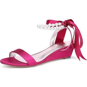 SFSSWSRYDF Sandalen Dames Satijnen Wedgesandalen met Parel Enkelbandje, Elegante Zomerfeest Sandalen,Roze,42 EU